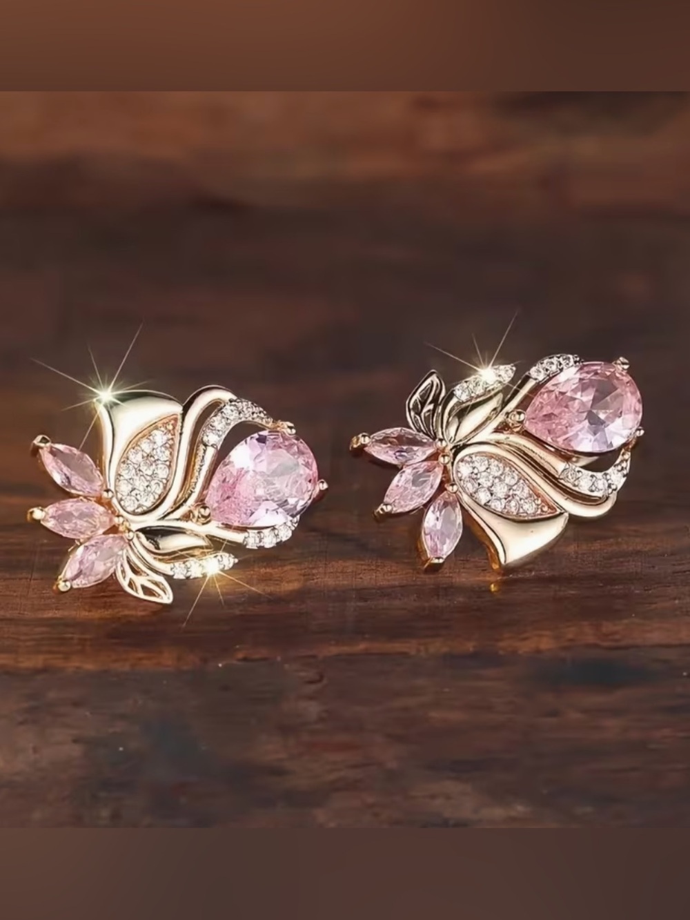 Elegant Pink Teardrop Floral Stud Rose Earrings. - Picture 3 of 7